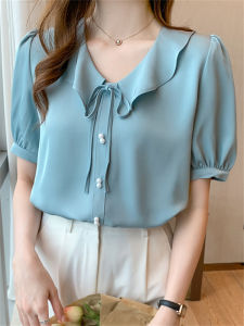 Elegant Simple Sweet Bubble Sleeve V-neck Design Sense Shirt Summer Charming Womens Blouse Korean Style Slim Fit Short Sleeve