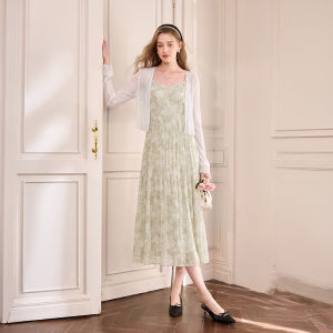 XIANGYING | Green Floral Halter Dress Set Two-Piece