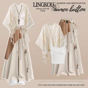 NUMEN BUTTON | Bộ Đồ Dài Bohemian Phong Cách Dễ Thương 4 Món cho Người Béo Mùa Thu Sớm