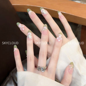 Summer Green French Handmade Long Nail Art Wearable False Nails Aurora Butterfly Cats Eye Nail Stickers Beauty Nail Products