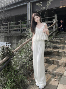 Elegant Lace Trim V-neck Halter Womens Summer Casual Wide Leg Pants Set Loose Fit Two-Piece Suit for plus Size Fashion