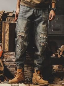 American Denim Male Heavy Weight Retro Loose Straight-leg Men Trousers Spring and Autumn Ripped Distressed Harem Overalls