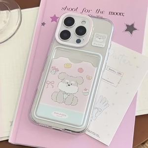 เคสโทรศัพท์ลายการ์ตูนน้องหมาน่ารักสีชมพูพร้อมช่องใส่บัตรสำหรับ iPhone 16 Pro Max 15 14 13 12 11 XR 8 7 Plus อเนกประสงค์ใส่บัตรอาหาร บัตรโดยสารได้ เคส TPU ใสกันกระแทก