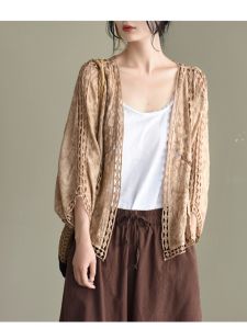 Retro Hollow out Crochet Cotton Half Sleeve Short Outerwear Womens Fashionable Air Conditioner Sweater Light Outer Jacket