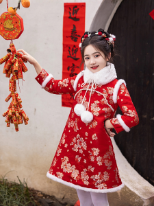 New Year Thickened Childrens Cheongsam Dress Baby New Year Celebration Clothing Red Ancient Costume Short Flag Robe for Girls
