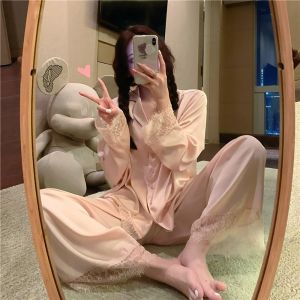 Womens Sleepwear Ice Silk Long Sleeve Loose Comfortable Home Clothes Set Sweet Style Spring Autumn New Arrival