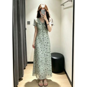 SENWA | Elegant Love Pattern Green Dress Waist-cinching Slimming Long Style