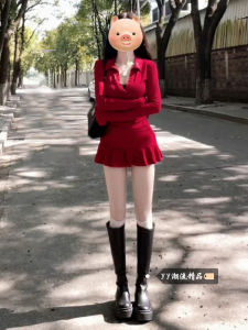 Red Stand Collar Flared Sleeve Dress: Korean Style Commute Fashion