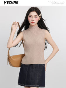 Áo Len Dệt Kim Không Tay Cổ Cao Màu Trơn Phong Cách Mỹ Áo Lót Bên Trong Thời Trang Thu Đông Áo Vest Nữ