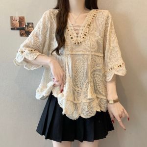 Lace Embroidery Half-Sleeve Slimming Plus Size Womens Blouse
