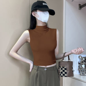 Black Half High Collar Sleeveless Vest Womens Inner Wear Summer New Style Outerwear Threaded No Side Breast Short Top