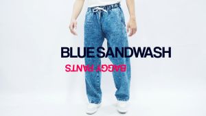 Gizmo - Baggy Pants Relaxed Jeans Pria Celana Baggy Blue Sandwash Gombrong Karet Pinggang Oversize Denim