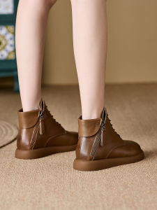 Double Zipper Genuine Leather Martin Boots Womens 2025 New British Style Short Boots Spring Autumn Single Boot Winter Fleece Large Size Women Boots