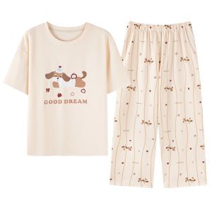 Miiow | Pure Cotton Summer Sleepwear Womens Cute Short Sleeve Seven-Piece Pants Thin Home Clothes Set MiiOW Cat Person Sweet Style