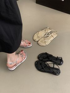 Womens Summer Fashion Korean-Style Flat Sandals with Cross Straps and Soft Sole Open-Toe Roman Shoes for Youth