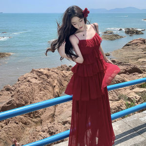 Váy Dài Không Tay Màu Đỏ Pháp Cổ Điển Thanh Lịch Váy Dài Không Dây Hong Kong Phong Cách Không Khí Ngày Lễ Chụp Ảnh Du Lịch Váy Mùa Hè