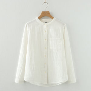 Artsy Xiaoqing New Large Pocket Stand Collar Loose Double Layer Cotton Yarn Shoulder Baby Cotton White Shirt Womens Long Sleeve Bottoming Shirt