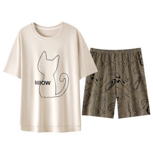 Miiow | Pure Cotton Summer Sleepwear Womens Thin Short Sleeve Home Clothes Set With Chest Pad Cat Person Casual Style Round Neck Design