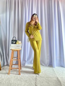 ZHENSCO Jade Plain Pleated Collar Long Sleeve V-Neck Top and Highwaisted Wideleg Pants Womens Terno Smart Casual Coordinates
