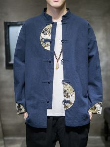 Loose Fit Cotton Linen Long Sleeve Chinese Style Mens Jacket Traditional Costume Casual Wear Embroidered Design Youth Size