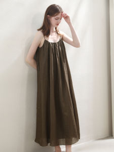 Miccbeirn | Pure Lusha เสื้อเดรสยาวทรงเอผ้าลินิน สายเดี่ยว ประดับกระโปรง ทรงหลวม แขนกุด ฤดูร้อน 2025 สำหรับผู้หญิงวัย 30-34 ปี