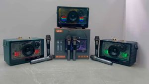 QIXI SK-2066 Big Sound High Quality KARAOKE Wireless Bluetooth Leather Type Speaker with Dual Wireless Microphone