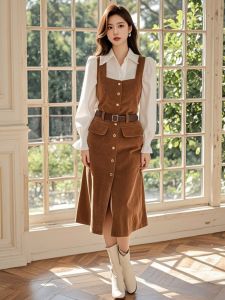Fashionable Hong Kong Style Vintage Strap Dress Two-Piece Set Elegant Maturity Autumn Wear Polyester High Waist A-Line Skirt