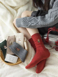Christmas Embroidered Pattern Cotton Socks Middle Tube Pure Cotton Snowman Deer Plaid Design Warmth Womens Winter Socks