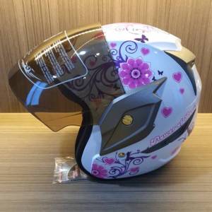 Helm Anak Remaja Cewek Wanita SNI Half Face Original Virtue Flower White Kaca Riben Anti Silau Size M L XL