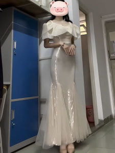 ชุดราตรีคอตั้งสไตล์ฝรั่งเศสสำหรับงานเลี้ยงหลังการศึกษา ชุดนางฟ้า ชุดราตรีสุดหรูหรา เดรสยาวปานกลางสีพื้น