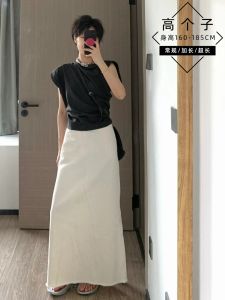 Extended Length Linen Half Skirt Womens Summer Slimming Drapey Skirt High Waist Korean Style Commute Pure Color Long Skirt