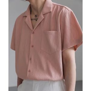 Summer Thin Top Retro Loose Non-Ironing Short Sleeve Shirt Mens Trendy Cuban Collar Pure Color Casual Half Sleeve Shirt