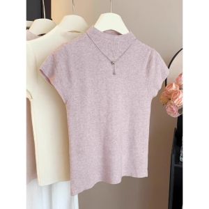 Aesthetic Pink-purple Semi-high Collar Knitted Top Short Sleeve Fitting Flutter Sleeve