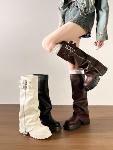 Brown Wide Calf Thick Heel Elevating Western Boots