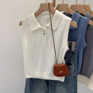 Áo Len Dệt Kim Cổ Polo Dáng Rộng Ngắn Không Tay Màu Xám Cho Nữ Mùa Hè 2025 Phong Cách Hàn Quốc Thiết Kế Đơn Giản Thường Ngày