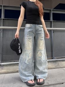 American Style High Street Faux Hole Design Washed Denim Pants Loose Wide Leg Long Trousers for Men And Women Casual Jeans