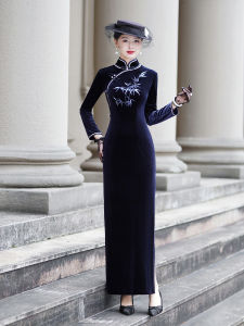 Elegant Long Velvet Qipao Dress Slimming New Chinese Style Wedding Dress for Young Mothers High End Mommy of the Bride Outfit
