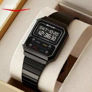 นาฬิกาข้อมือดิจิตอล SKMEI แฟชั่น ไฟ EL สำหรับผู้ชายและผู้หญิง กันน้ำ สายสแตนเลส สไตล์เรียบง่าย Reloj Hombre