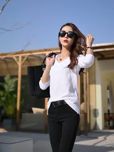 CottonT-shirt for Women Loose Bottom Shirt Casual V-neck Show Thin Long Sleeve Tops Shirt
