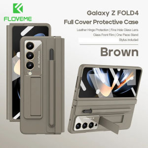 [With Pen and Screen Film] FLOVEME With Front Screen Film Protector Bracket Stand Phone Case For Samsung Galaxy Z Fold 6 Z Fold 5 4 5G With Stylus Pen Leather Hinge Protection Folding Frosted Hard PC Back Cover For Galaxy Z Fold6