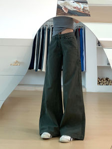 กางเกงยีนส์ทรงหลวมเอวสูงสไตล์ย้อนยุคสีเขียวทหาร กางเกงขายาวทรงหลวมสำหรับผู้หญิง กางเกงขายาวลำลองฤดูใบไม้ร่วง