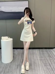 French Style Printed Casual Summer Dress Womens A-Line Short Skirt White T-Shirt Dress Slimming Effect Breathable Comfortable