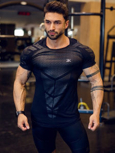 Mens Fitness Running Tight Shirt Quick Dry Short Sleeve Sportswear Training Clothing Breathable Polyester Elastic Fiber