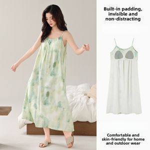 MiiOW | Cat Woman Summer 2025 New Style Sleep Dress With Chest Pad Loose Cool Feeling Long Dress Womens Strap Sleepwear Home Clothes