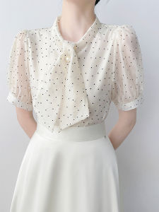 Korean Style Polka Dot Bow Tie Short Sleeve Chiffon Shirt Womens Summer New French Atmosphere Top Skirt like Design