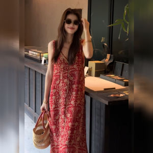 DANTING | Retro Style Red Floral Print Womens Dress V-Neck Off-Shoulder Slimming Holiday Maxi