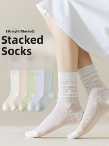 JINGCHI | White Pure Cotton Breathable Womens Thin Socks Summer Mesh Knitted Mid-Calf Lace Long Socks Absorb Sweat Comfortable Socks