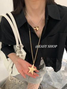 Korean Style Heart Shaped Red Stone Embedded Star Necklace Sweater Chain Atmosphere Luxury Versatile Alloy Pendant Silver Color