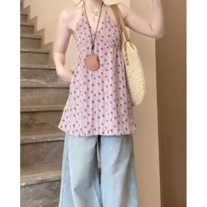 YUEZHONGWEI | Áo ba lỗ không tay cổ chữ V màu tím hoa kiểu Pháp cho nữ mùa hè rộng rãi dài vừa phải phong cách đi biển áo khoác ngoài