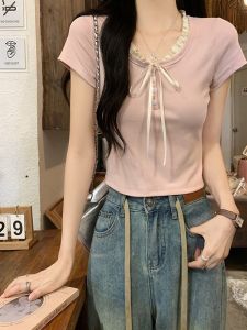Áo Thun Tay Ngắn Cổ Tròn Ren Thắt Nơ Ôm Vừa Vặn Mùa Hè 2025 Áo Thun Cotton Polyester Phong Cách Hàn Quốc Cho Nữ